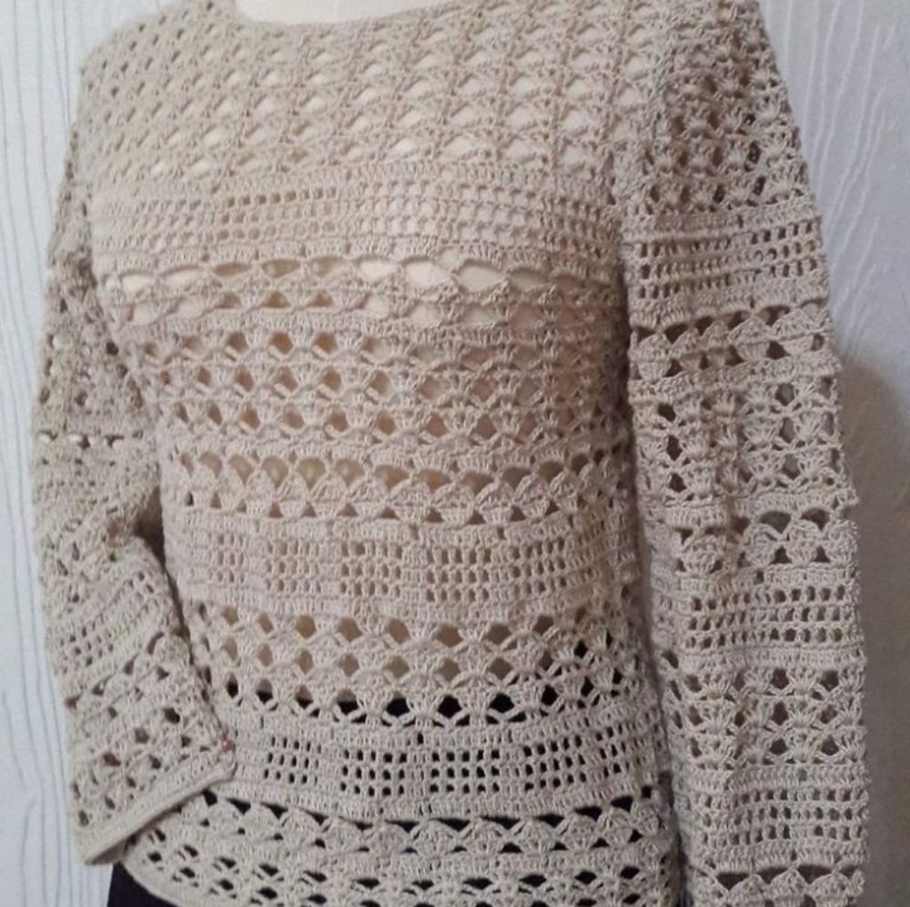 Beige Crochet Knit Sweater
